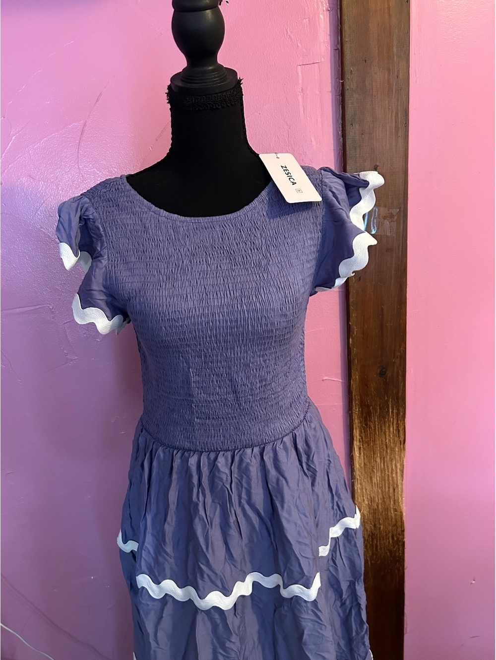 Zesica Medium blue Smocked Maxi Dress with White Ruffle Trim, Size M, New with